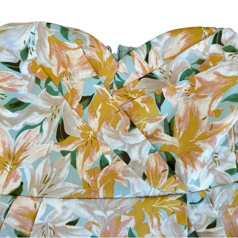 ASTR Floral Strapless Midi Dress Puff Sleeve Sweetheart Slit Yellow Green S - Picture 8 of 16